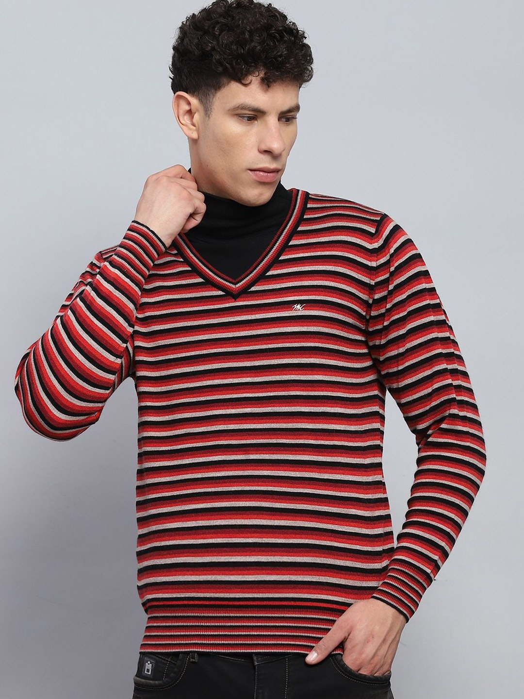 

Monte Carlo Men Striped Woollen Pullover, Red