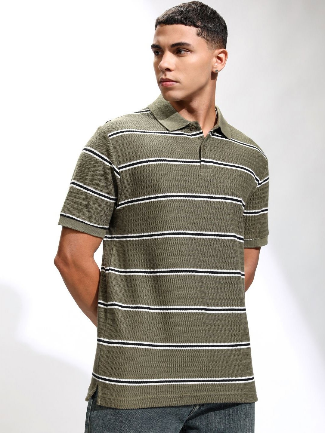 

HIGHLANDER Men Striped Polo Collar Relaxed Fit T-shirt, Olive