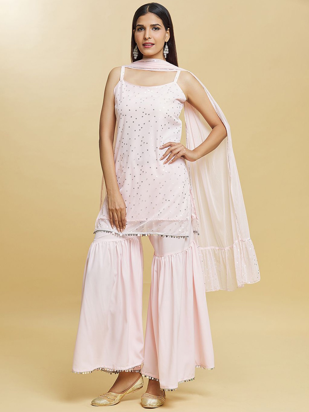 

Adara Khan Printed Regular Straight Kurti with Sharara & Dupatta, Pink