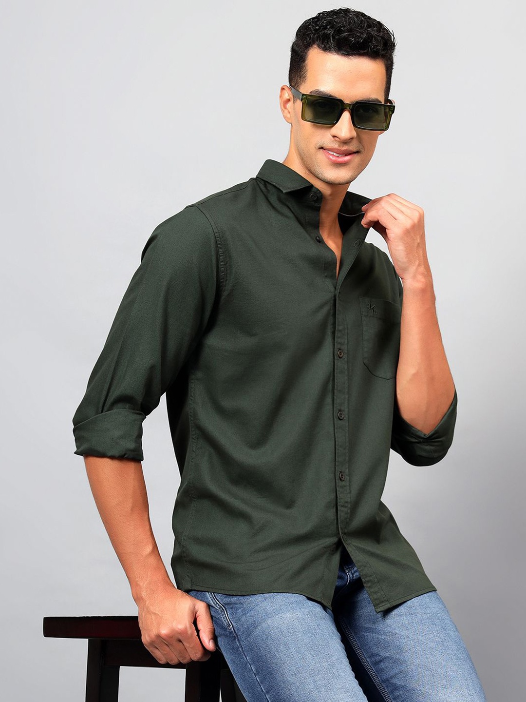 

Cantabil Men Spread Collar Solid Cotton Casual Shirt, Olive