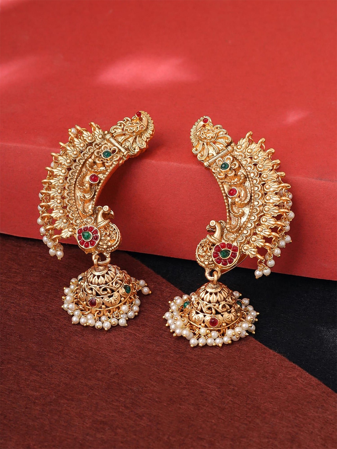 

Yellow Chimes Gold-Plated Stone Studded & Beaded Ear Cuff Long Jhumkas