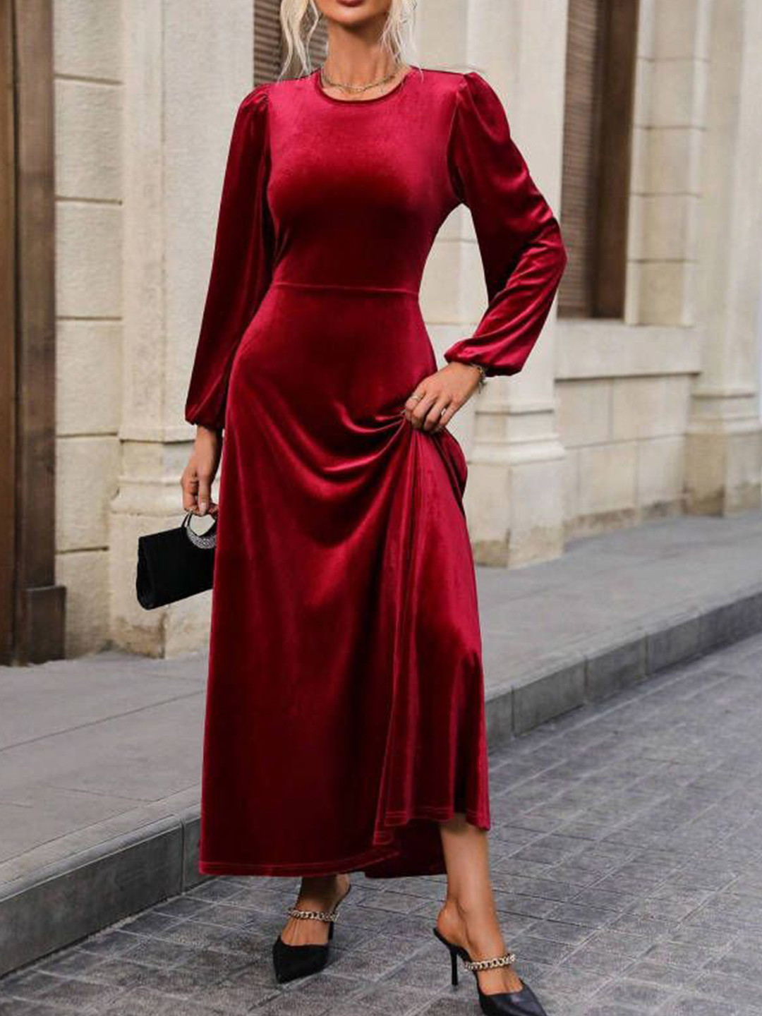 

HERE&NOW Women Puff Sleeves Maxi Dress, Red