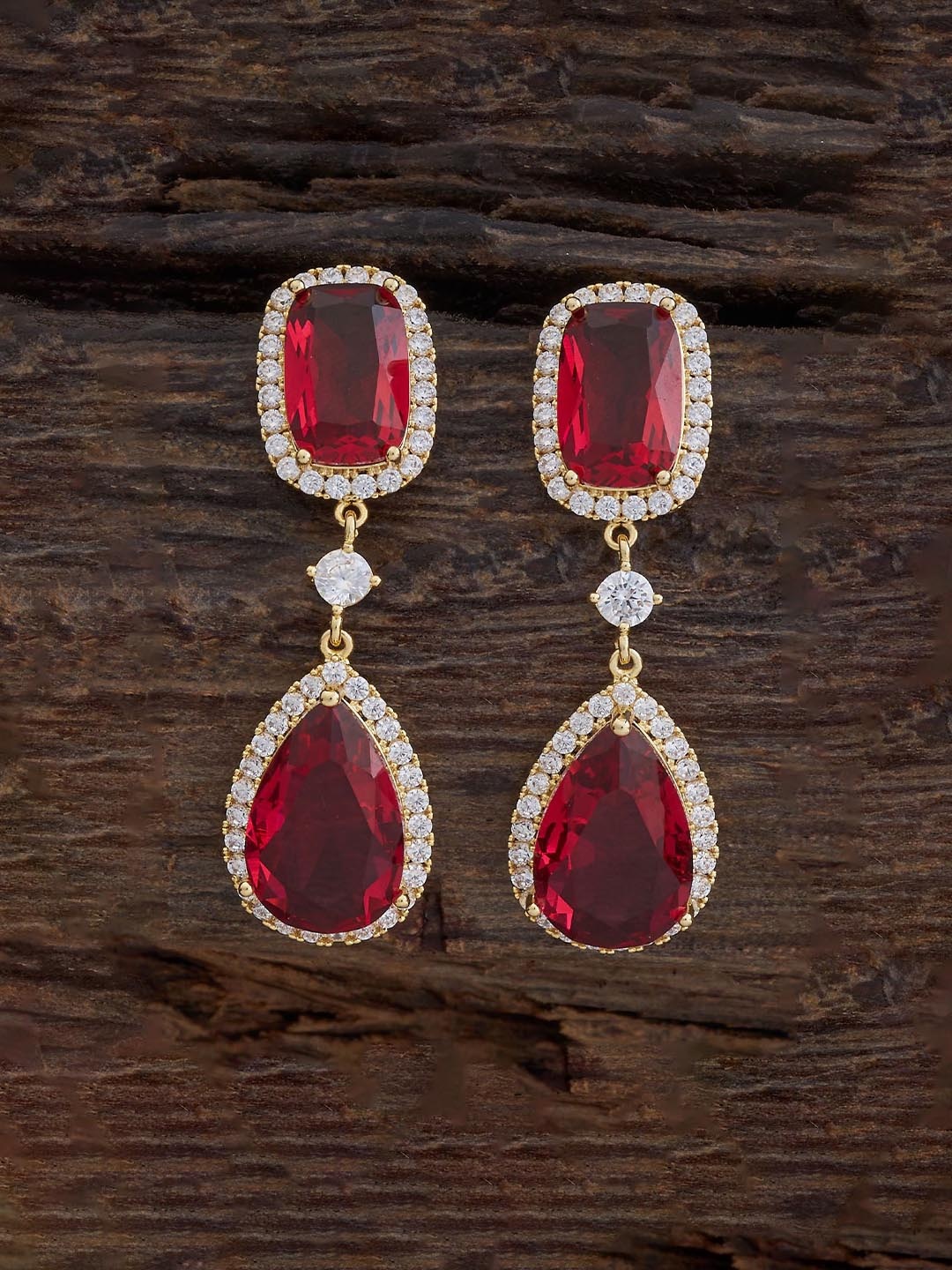 

Kushal's Fashion Jewellery Gold-Plated Teardrop Shaped Cubic Zirconia Drop Earrings, Red