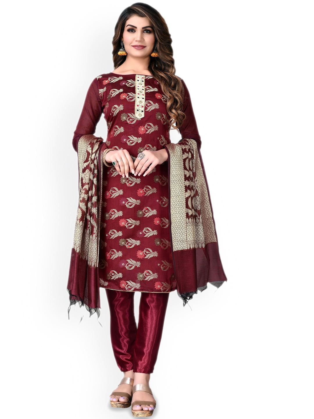 

Maroosh Floral Embellished Banarasi Jacquard Unstitched Dress Material, Maroon