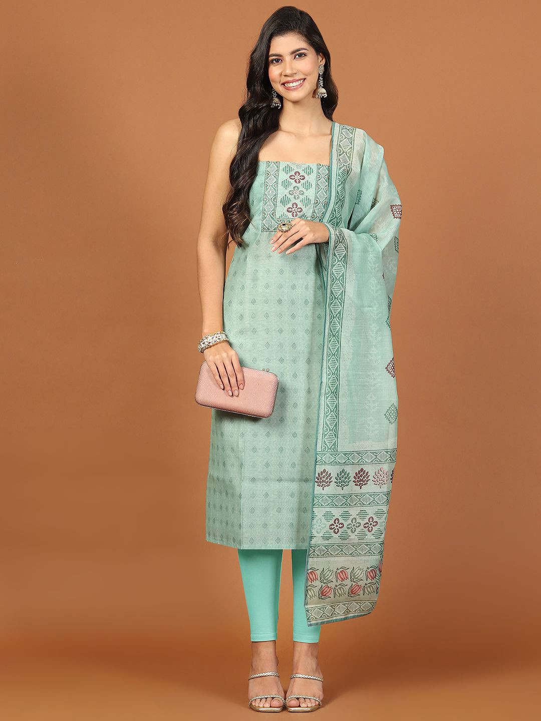 

Meena Bazaar Geometric Printed Beads and Stones Chanderi Unstitched Dress Material, Sea green