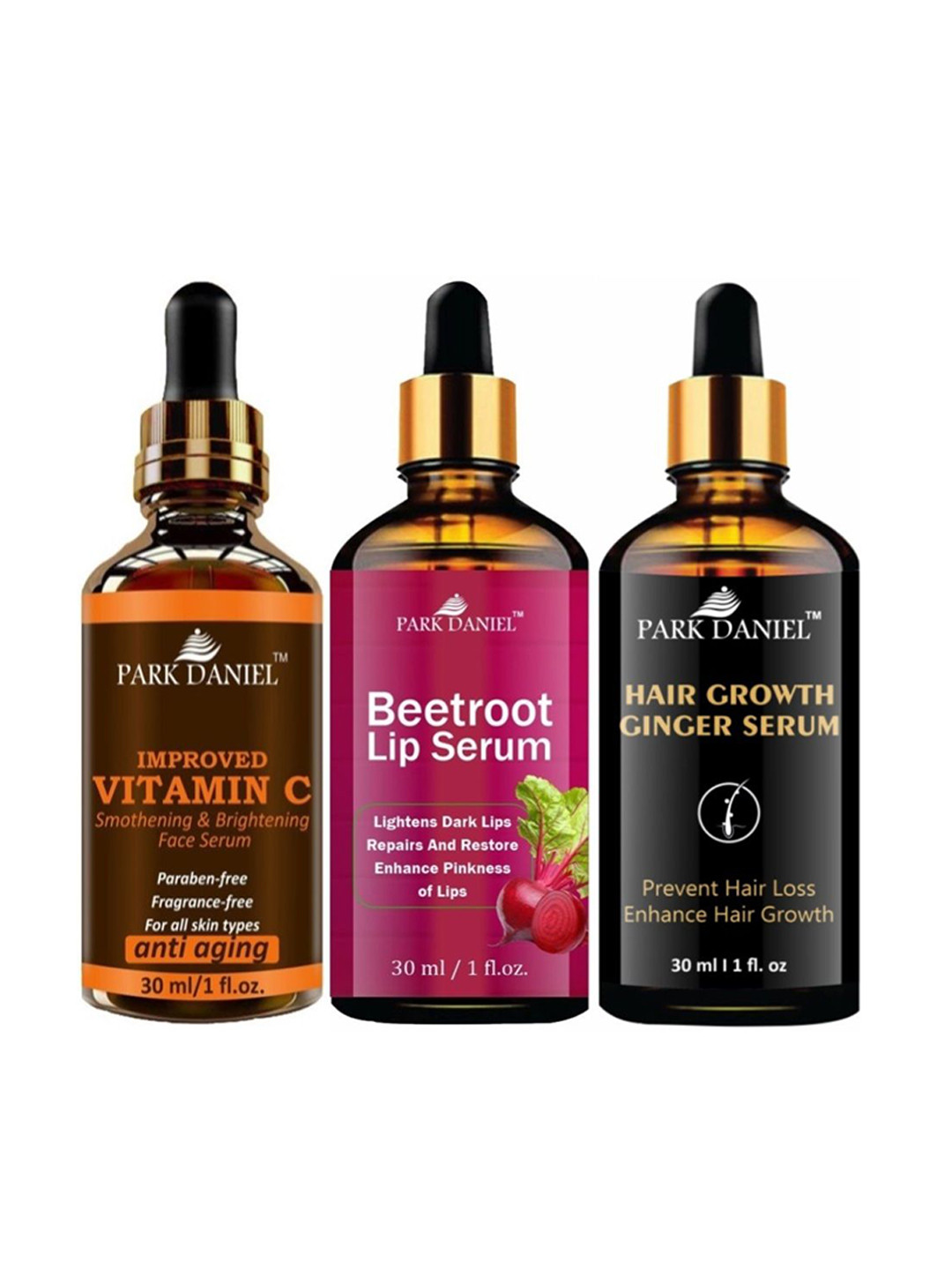 

Park Daniel Set Of 3 Beetroot Lip Serum, Face Serum & Hair Growth Ginger Serum -30 ml Each, Multi