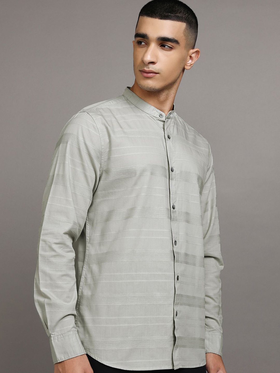 

Highlander Men Dobby Textured Striped Mandarin Collar Relaxed FIt Casual Shirt, Grey