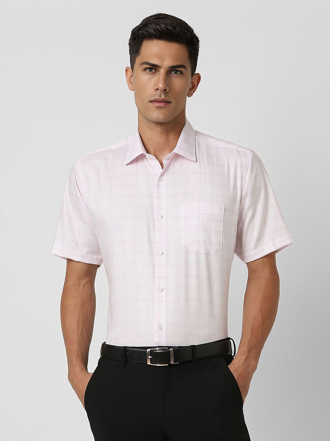 

Van Heusen Men Spread Collar Checked Cotton Formal Shirt, Pink