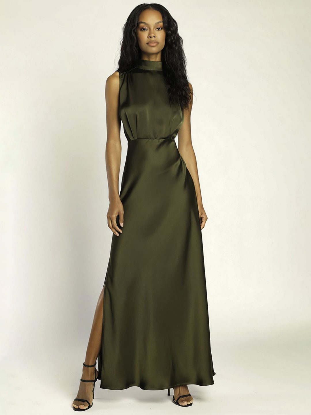 

Womenue Women Halter Neck Fit & Flare Maxi Dress, Olive