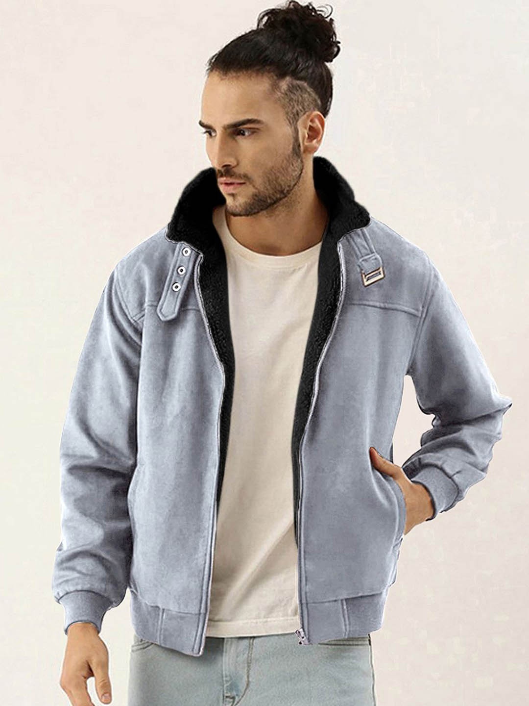 

Campus Sutra Men Mock Collar Solid Casual Bomber Jacket, Grey