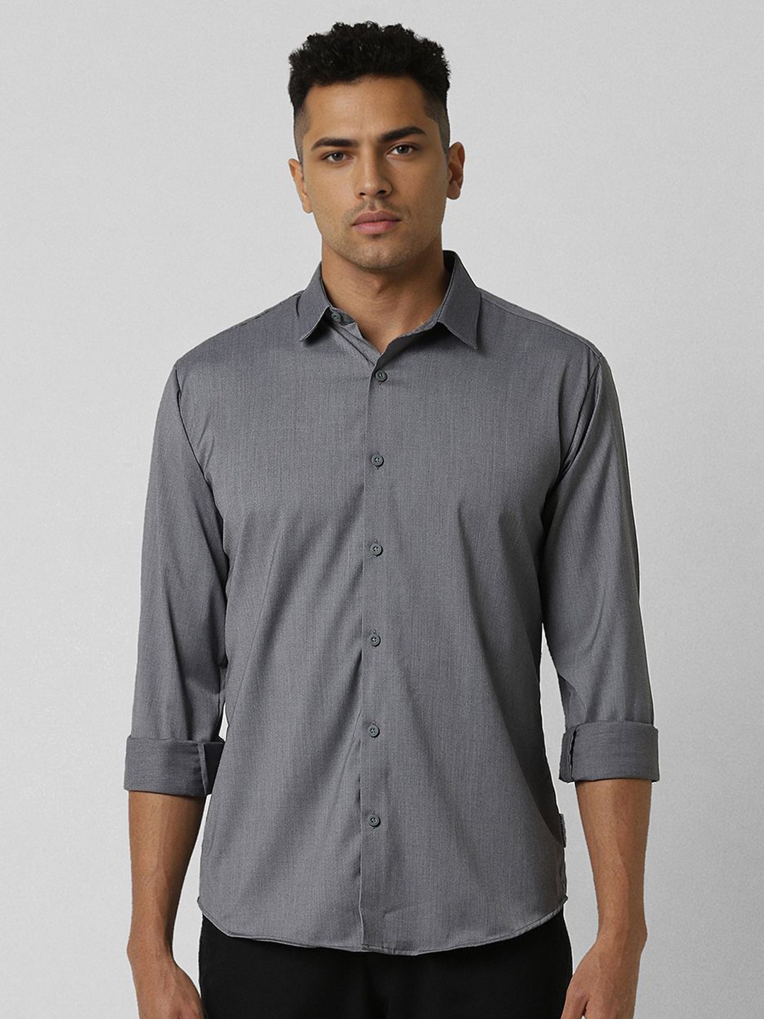 

V Dot Men Spread Collar Solid Casual Shirt, Grey