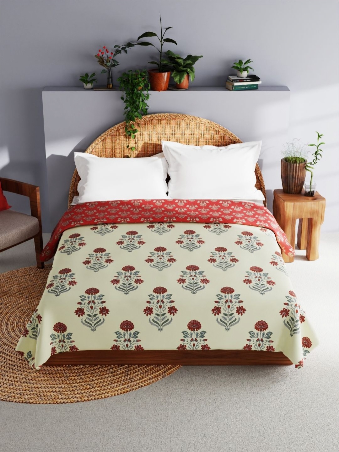 

BIANCA Cream & Red Floral AC Room 150 GSM Cotton Double Bed Dohar