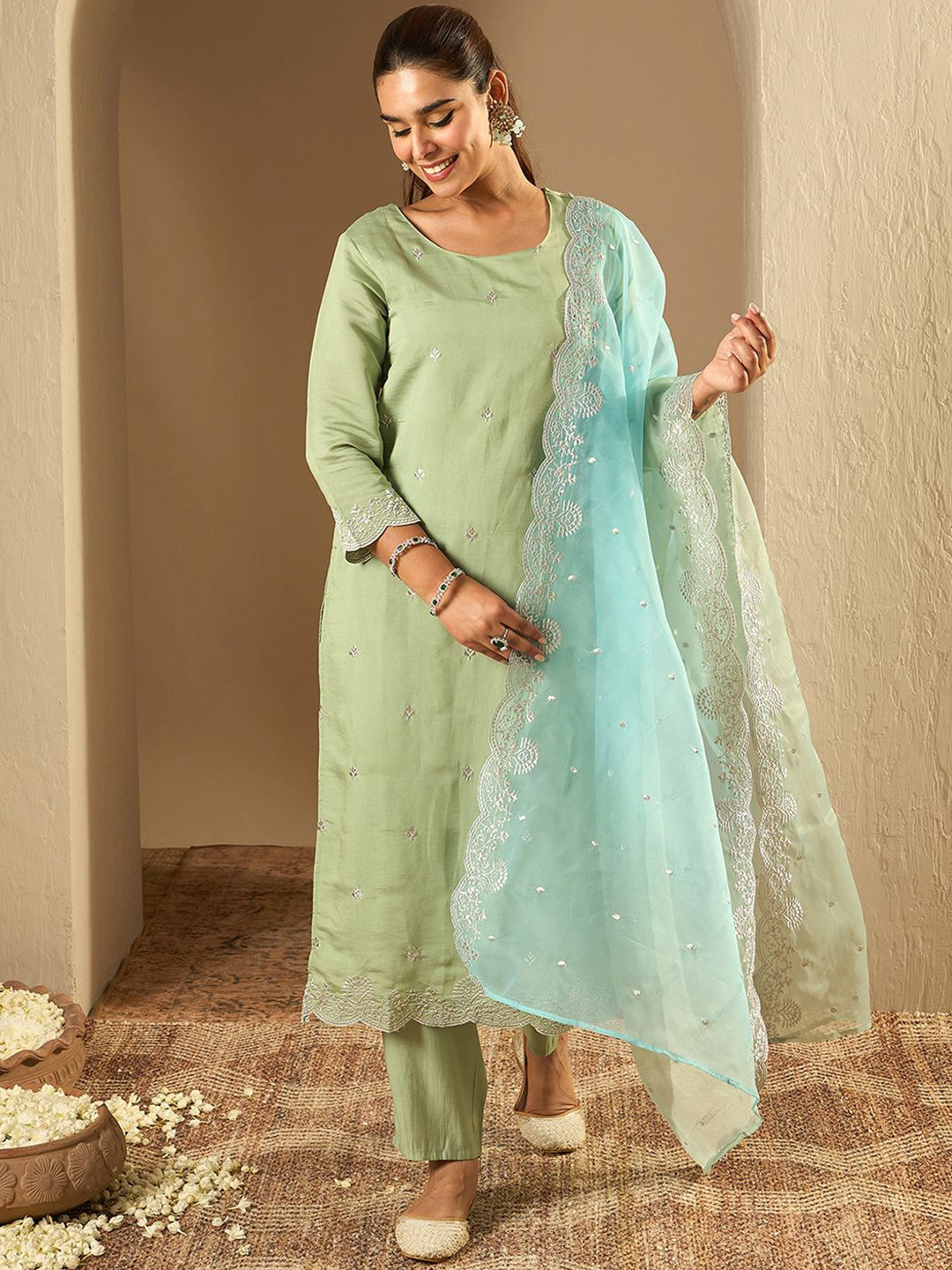 

Indo Era Ethnic Motifs Embroidered Thread Work Straight Kurta with Trousers & Dupatta, Sea green