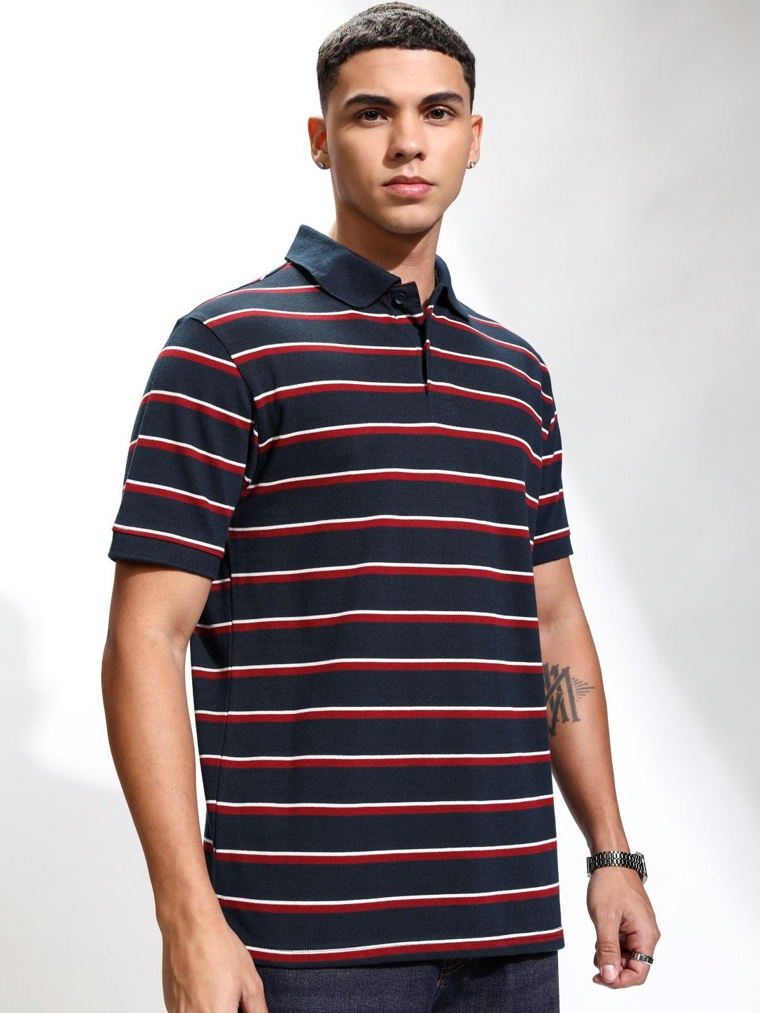 

HIGHLANDER Men Striped Polo Collar Relaxed Fit T-shirt, Navy blue