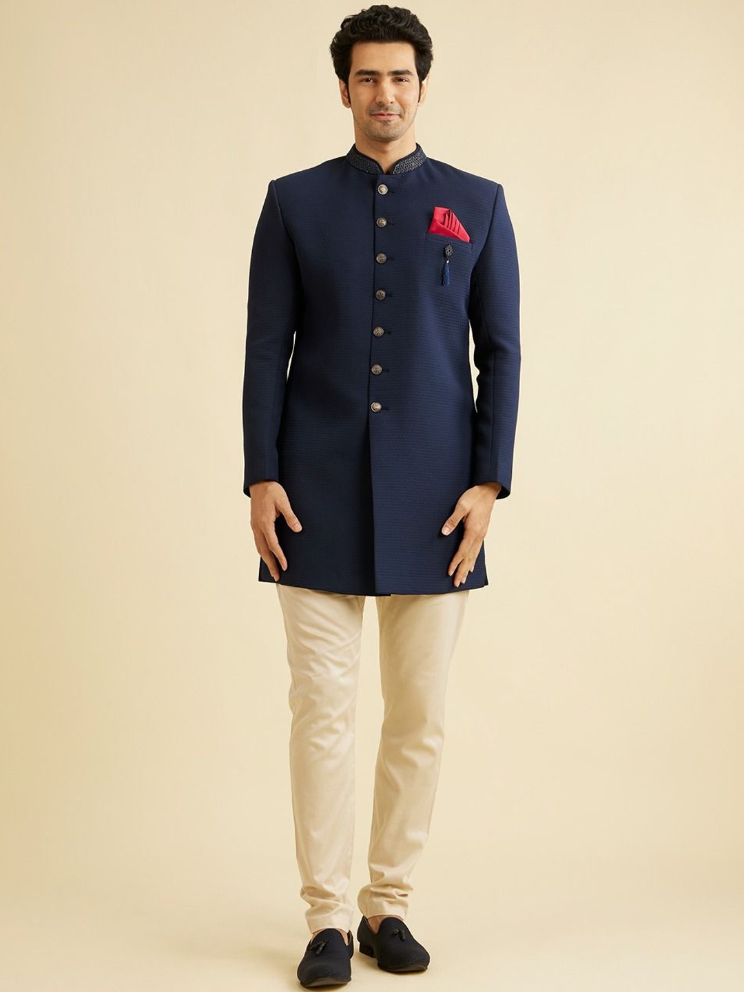 

Manyavar Men Self-Design Indo Western Set, Blue