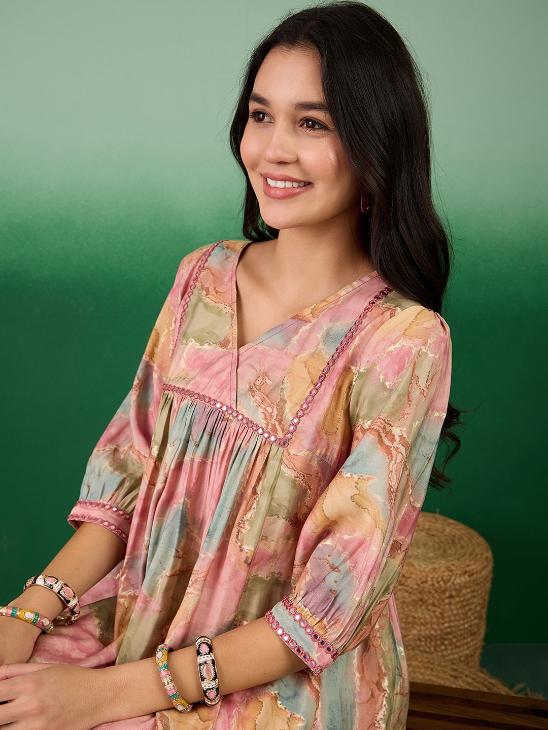 

Sangria Abstract Printed Mirror Work Straight Kurta, Pink
