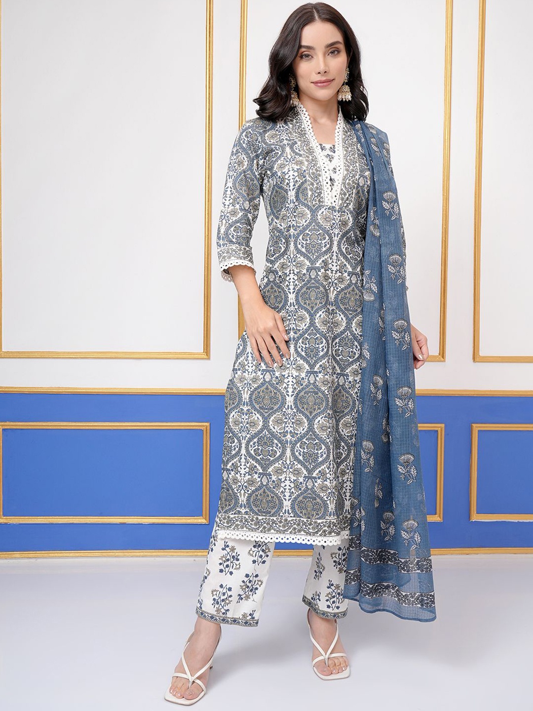 

Vishudh Floral Printed Three-Quarter Sleeves Pure Cotton Kurta With Trouser With Dupatta, Cream