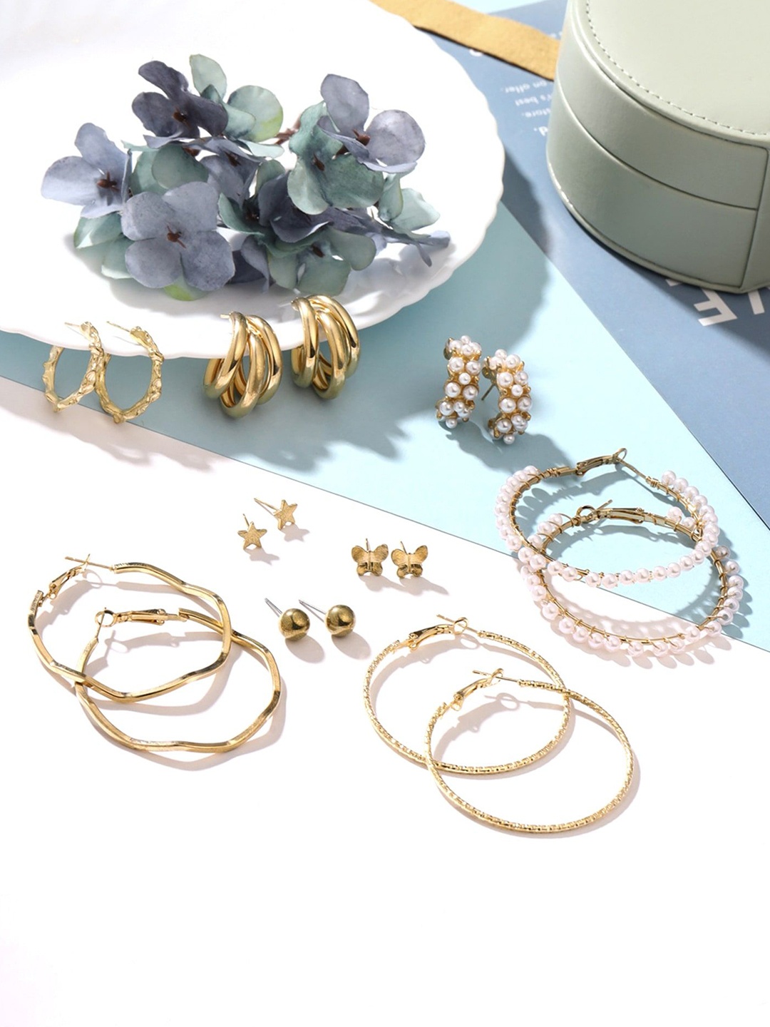 

Yellow Chimes Set of 9 Gold-Plated Beaded Studs & Hoop Earrings