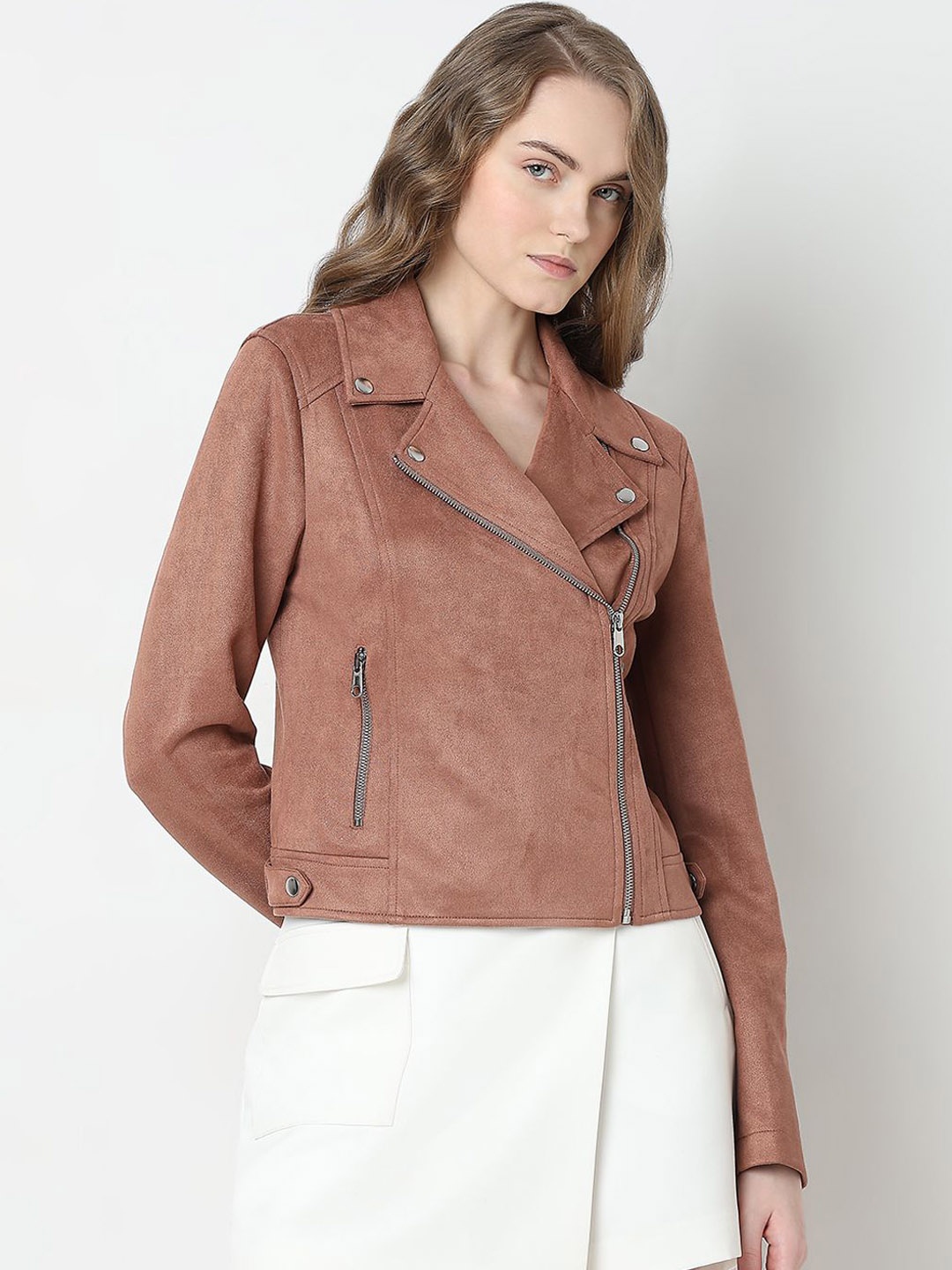 

Vero Moda Women Lapel Collar Solid Casual Biker Jacket, Brown