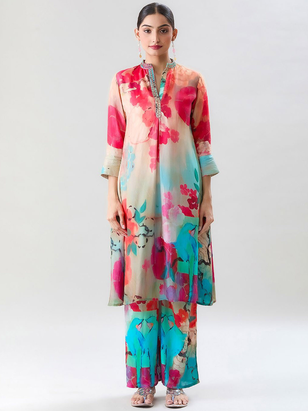 

Samyukta Singhania Floral Printed Mandarin Collar Pure Cotton Straight Kurta with Palazzos, Green