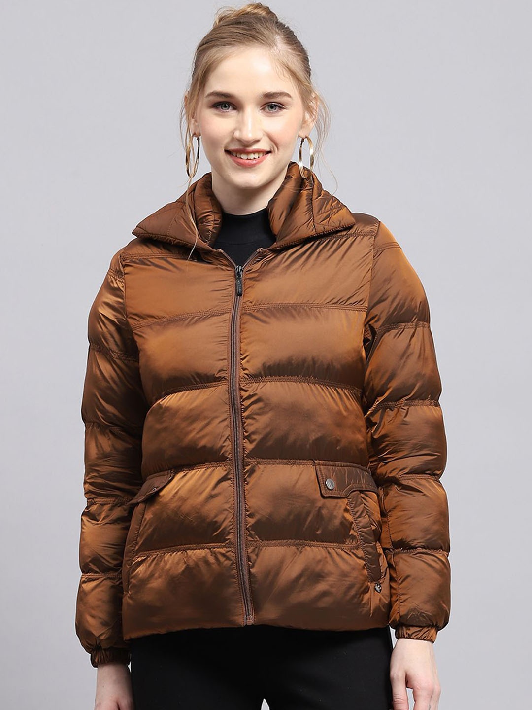 

Monte Carlo Women Spread Collar Solid Nylon Casual Puffer Jacket, Brown