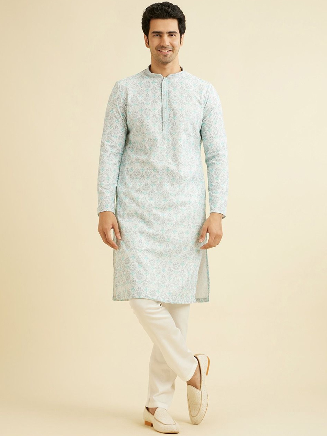 

Manyavar Ethnic Motifs Printed Chikankari Mandarin Collar Straight Kurta & Trousers, Blue