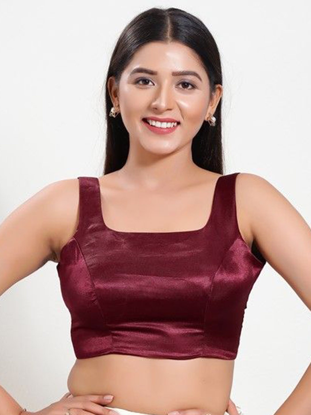 

Mmore Solid Square Neck Sleeveless Padded Saree Blouse, Maroon