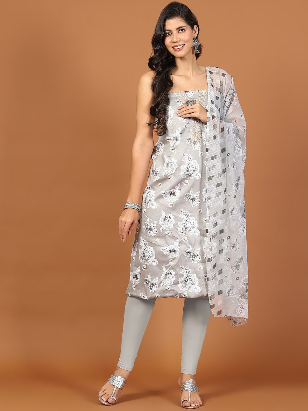 

Meena Bazaar Floral Printed Sequinned Unstitched Dress Material, Grey