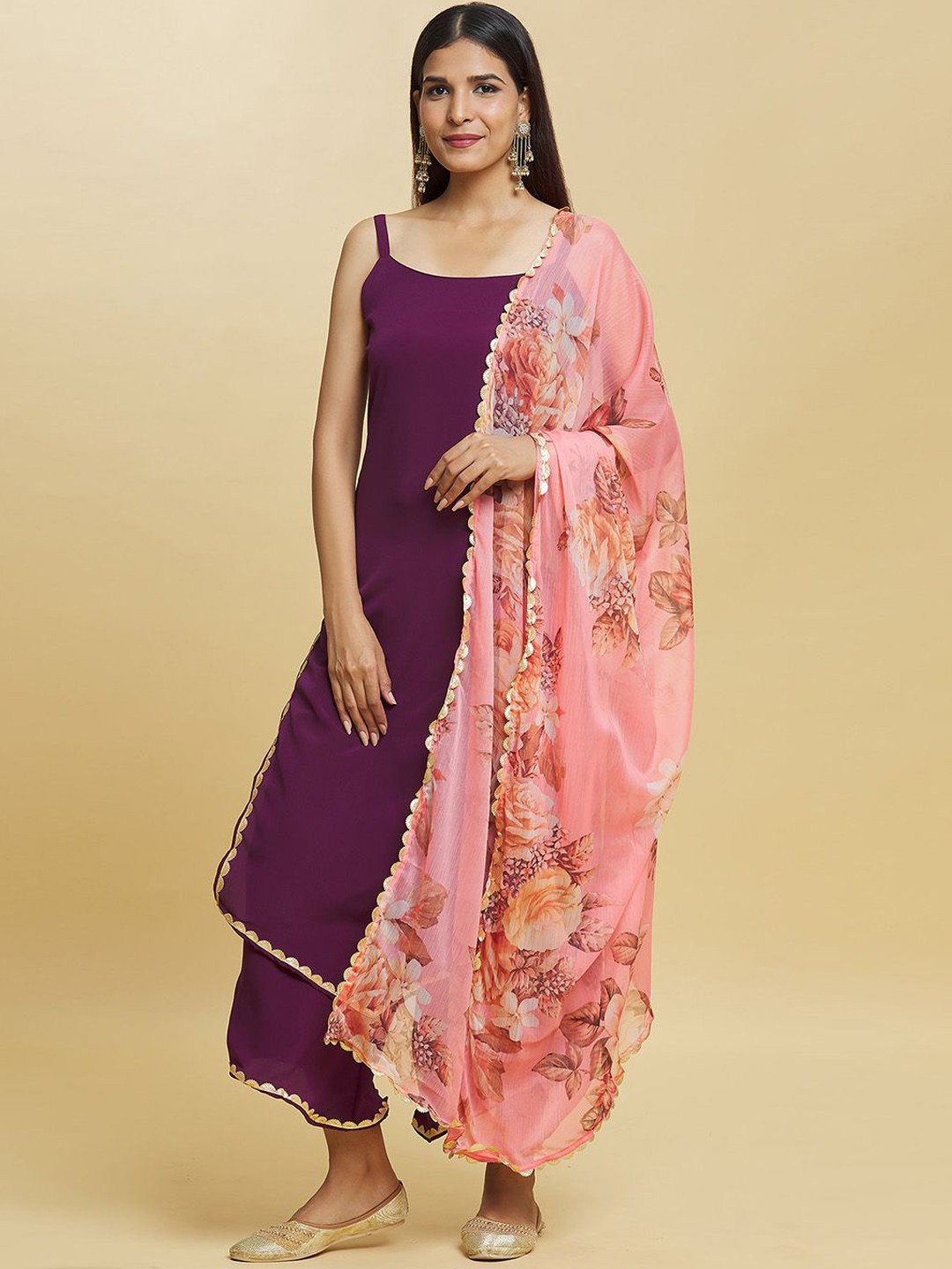 

Adara Khan Shoulder Straps Straight Kurta with Palazzos & Dupatta, Purple