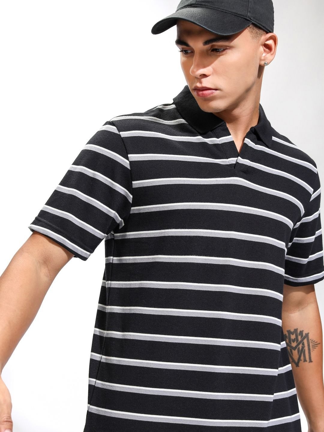 

HIGHLANDER Men Striped Polo Collar Relaxed Fit T-shirt, Black