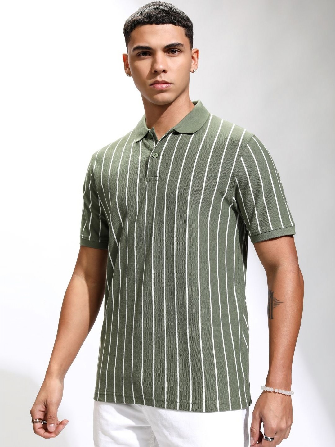 

HIGHLANDER Men Striped Polo Collar Cotton Relaxed Fit T-shirt, Olive