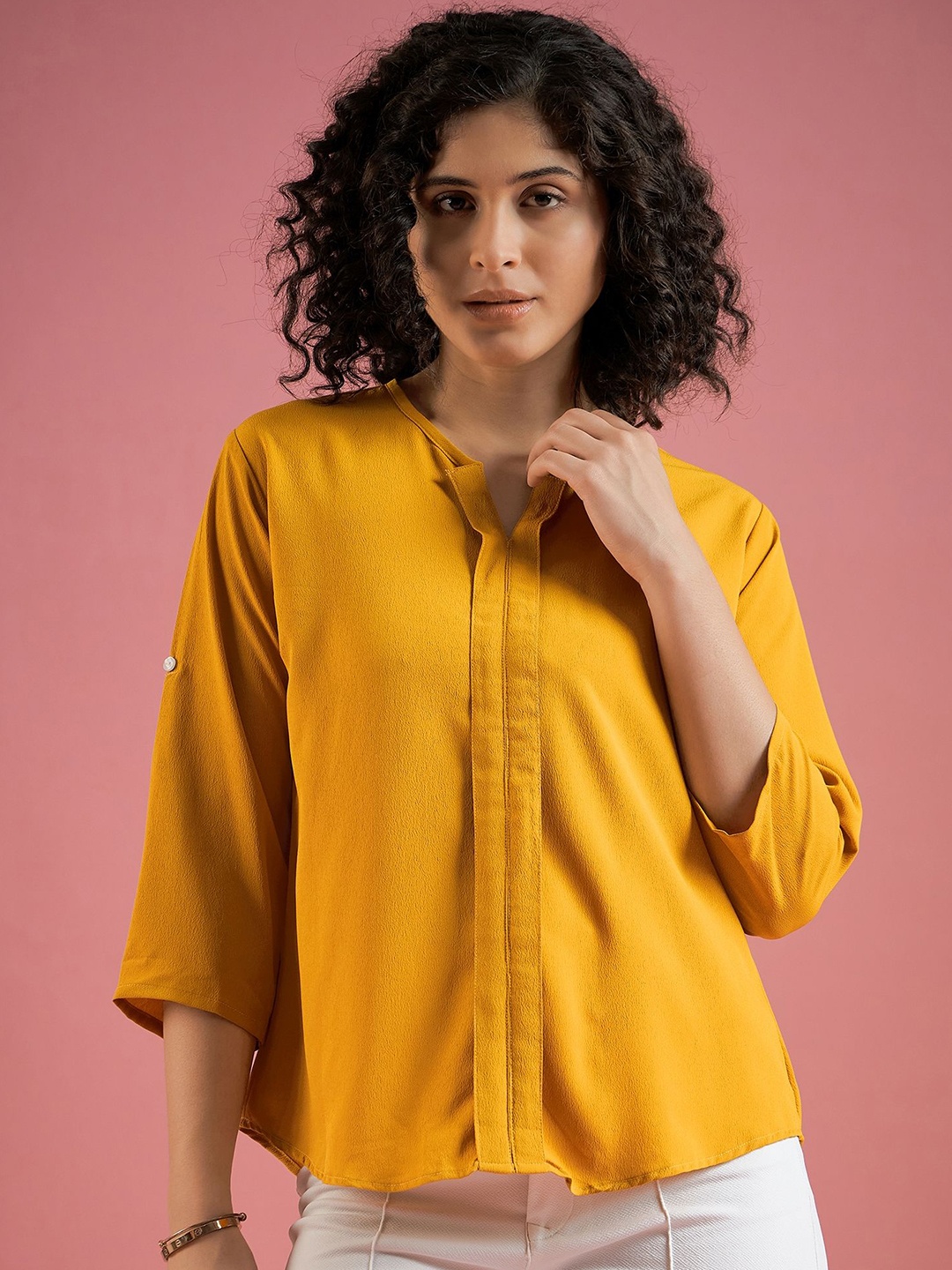 

Mayra Women Solid V-Neck Three-Quarter Sleeves Tops, Yellow