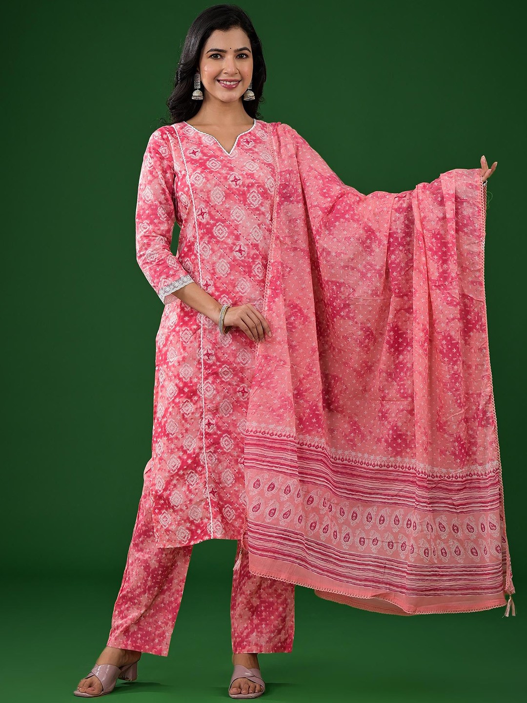 

Peachmode Geometric Printed Gotta Patti Pure Cotton Straight Kurta with Trousers & Dupatta, Pink