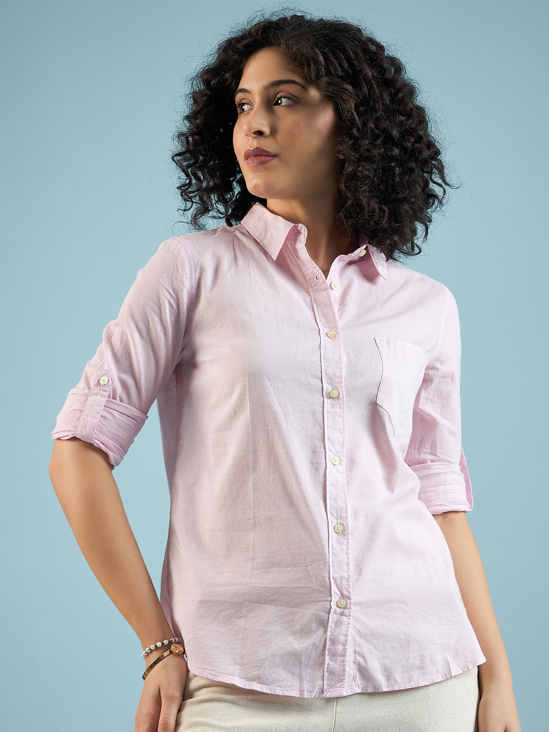 

Mayra Women Spread Collar Solid Casual Shirt, Pink