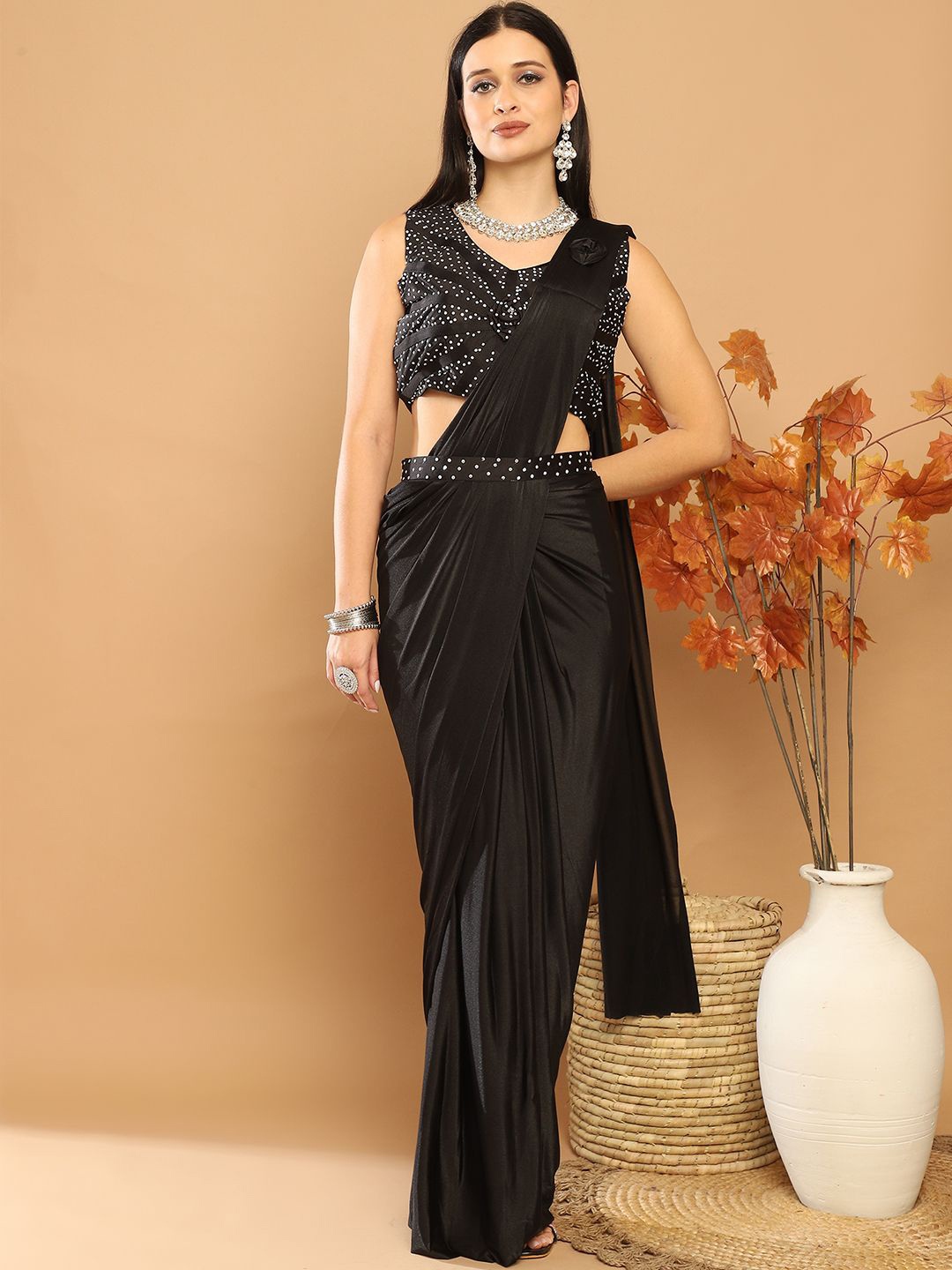 

Grancy Beads and Stones Ready to Wear Saree, Black