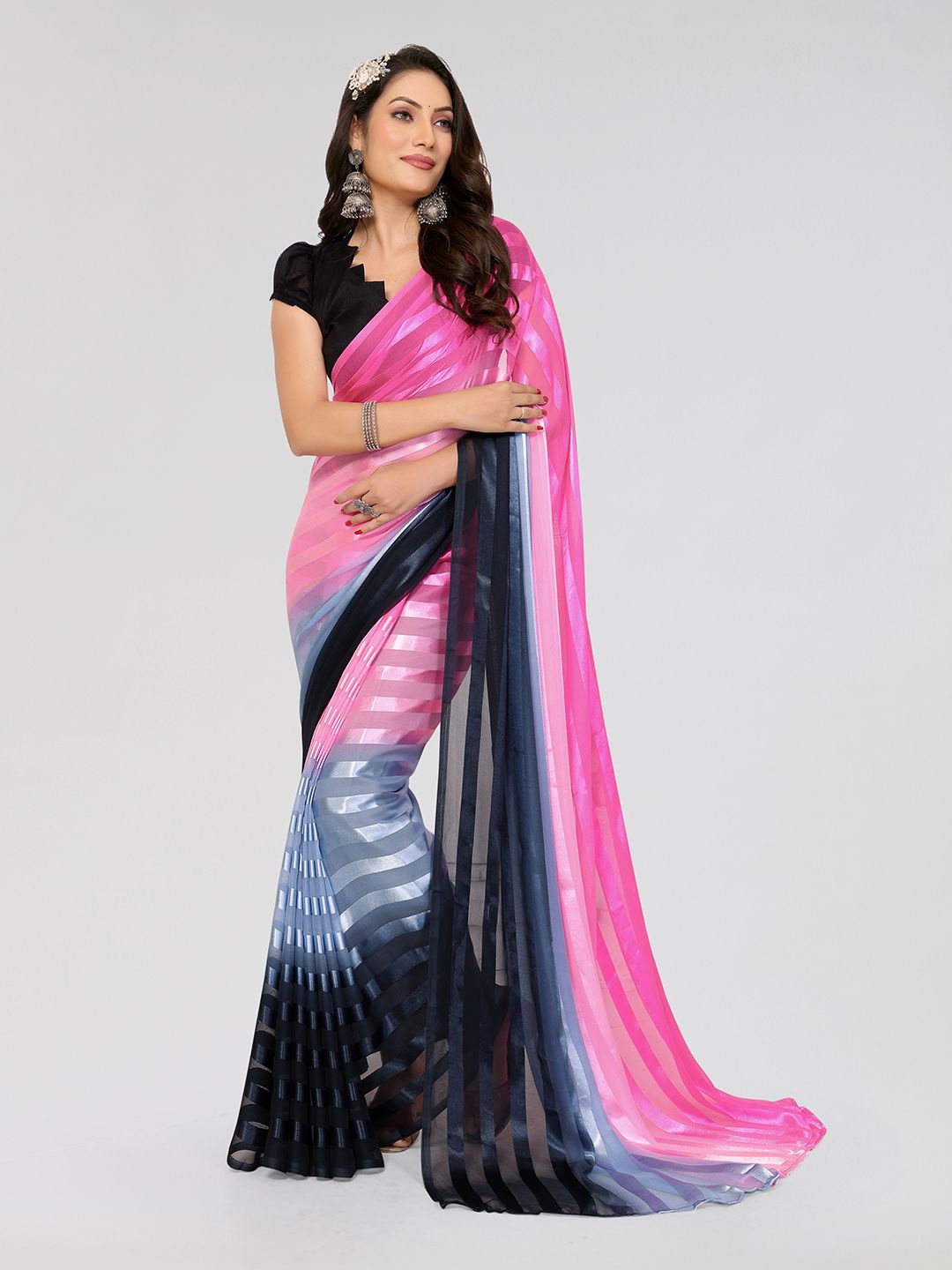 

Moda Rapido Striped Satin Saree, Pink