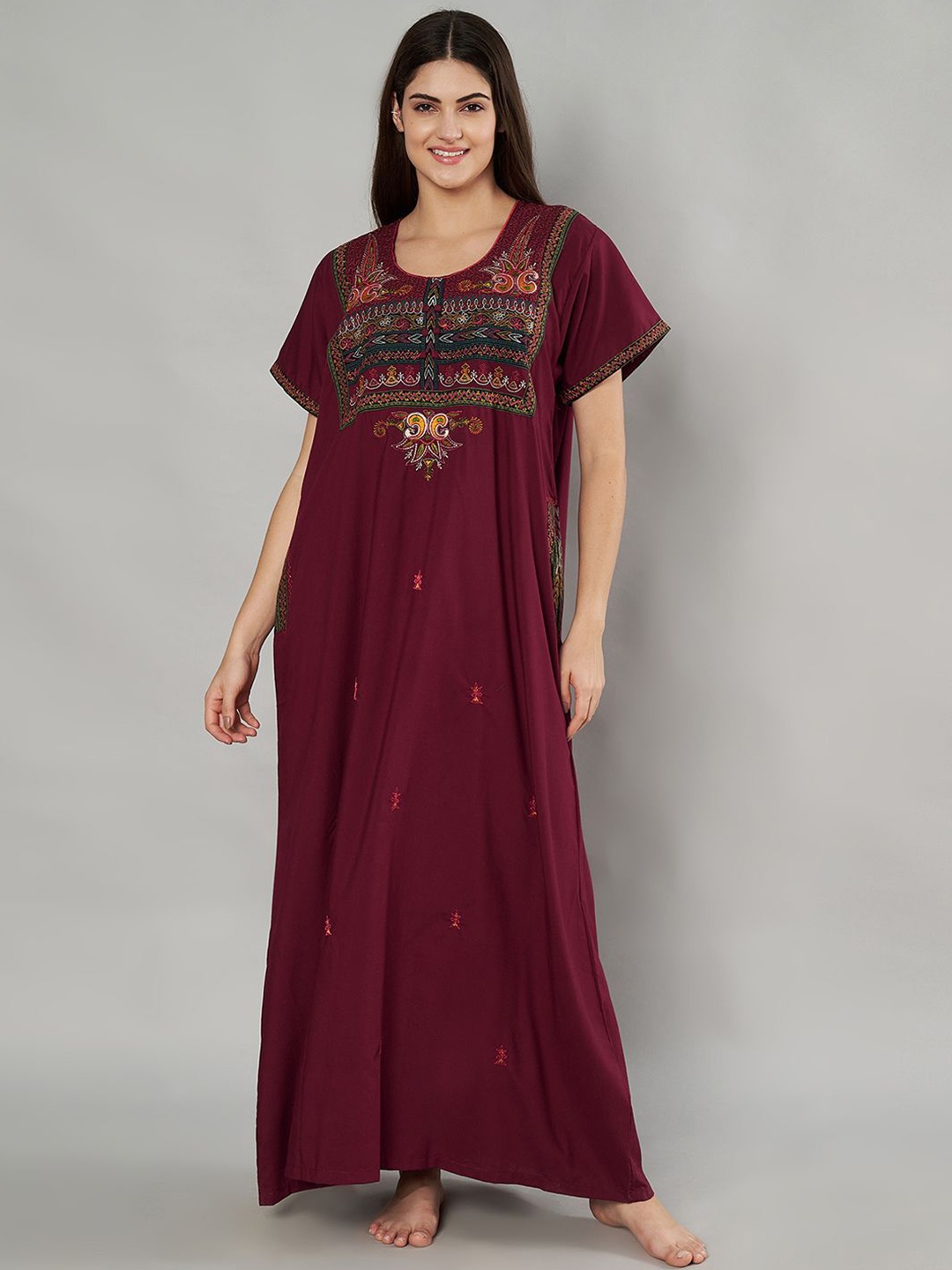 

KOI SLEEPWEAR Women Embroidered Round Neck Short Sleeves Maxi Everyday Nightdress, Maroon