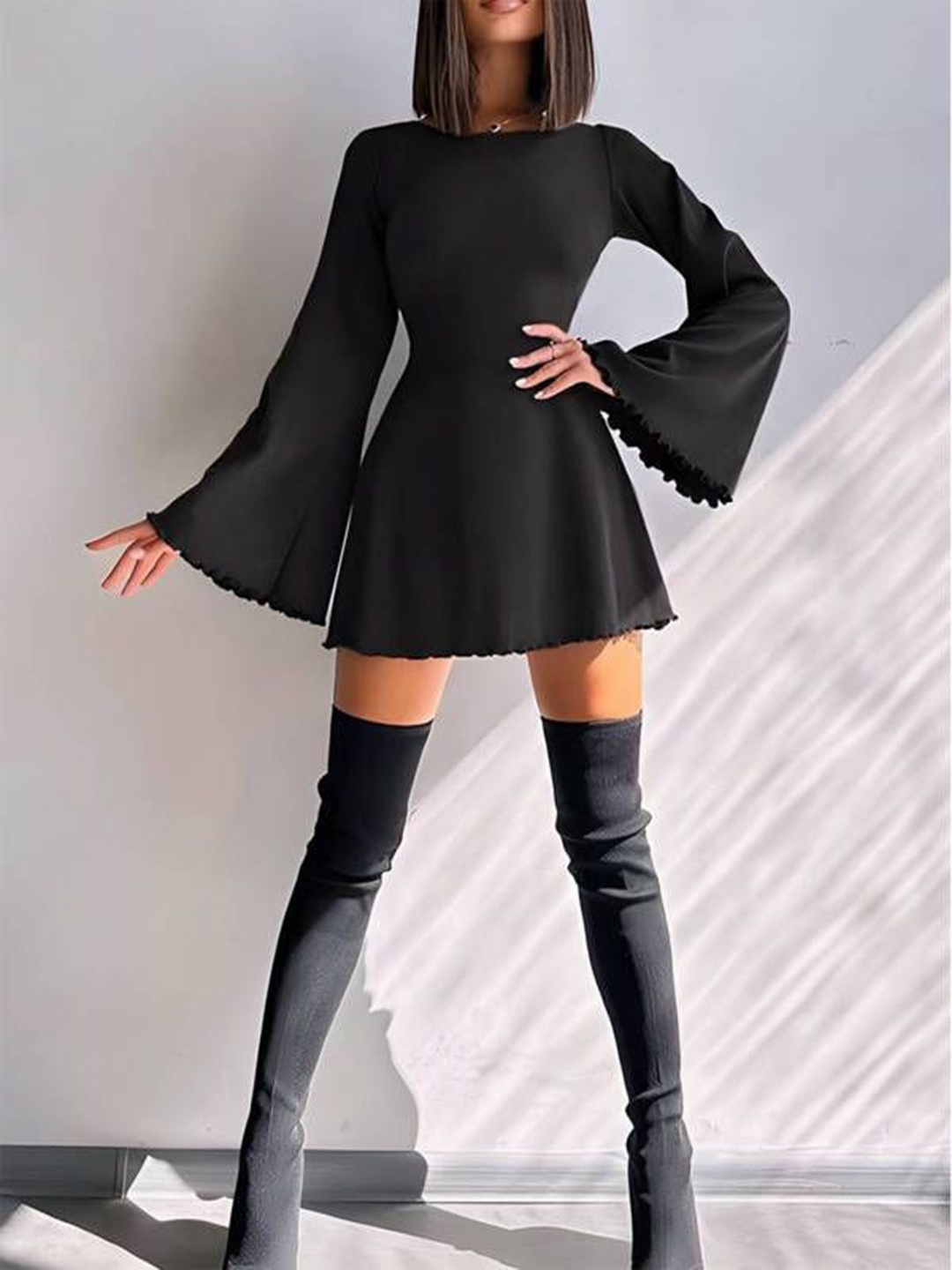 

HERE&NOW Solid Round Neck Bell Sleeves A-Line Mini Dress, Black