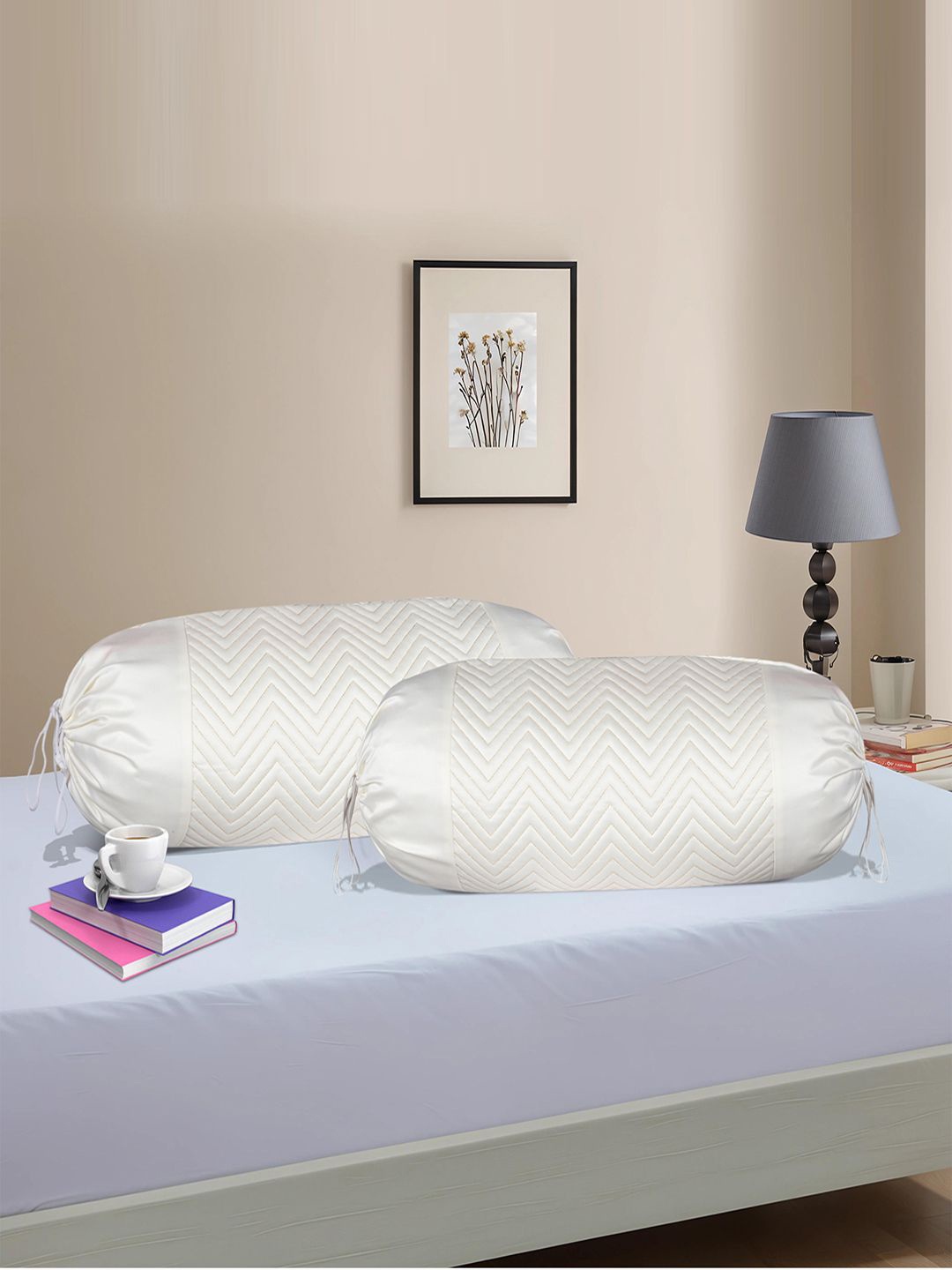 

Kuber Industries White 2 Pieces Zig Zag Embroidered Bolster Covers