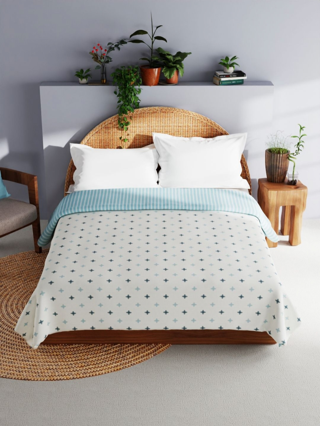 

BIANCA Mezzo Off White & Blue Floral Printed AC Room Pure Cotton 150 GSM Double Bed Dohar