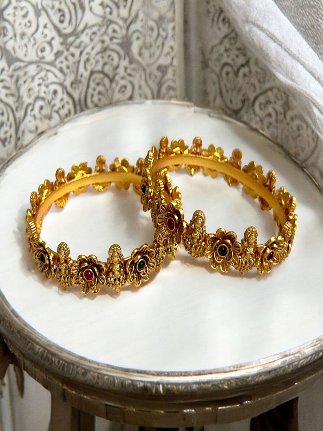 

AccessHer Set Of 2 Gold-Plated Stone-Studded Goddess Laxmi Design Bangles