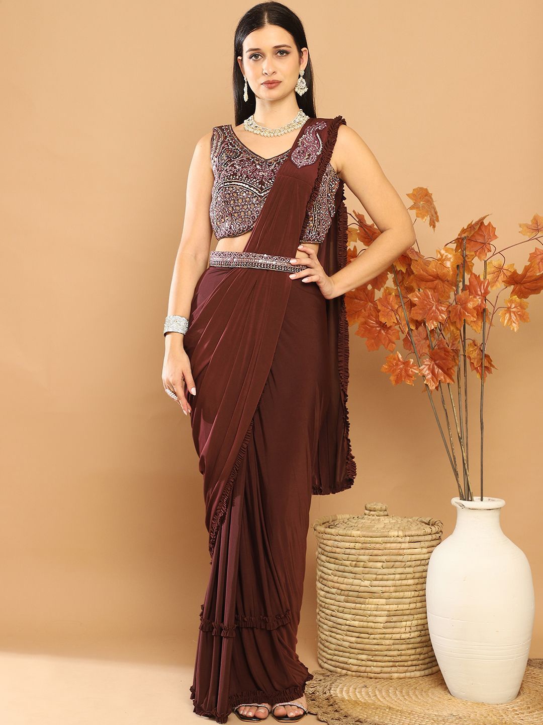 

Grancy Sequinned Belted Saree With Stitched Blouse, Coffee brown