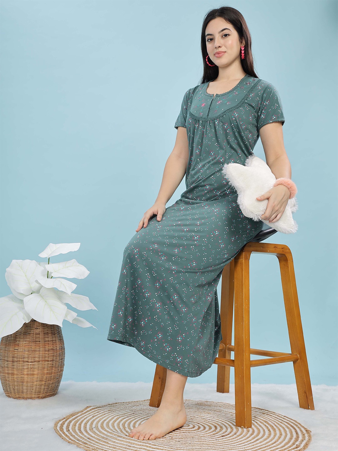 

9shines Label Printed Maxi Nightdress, Green