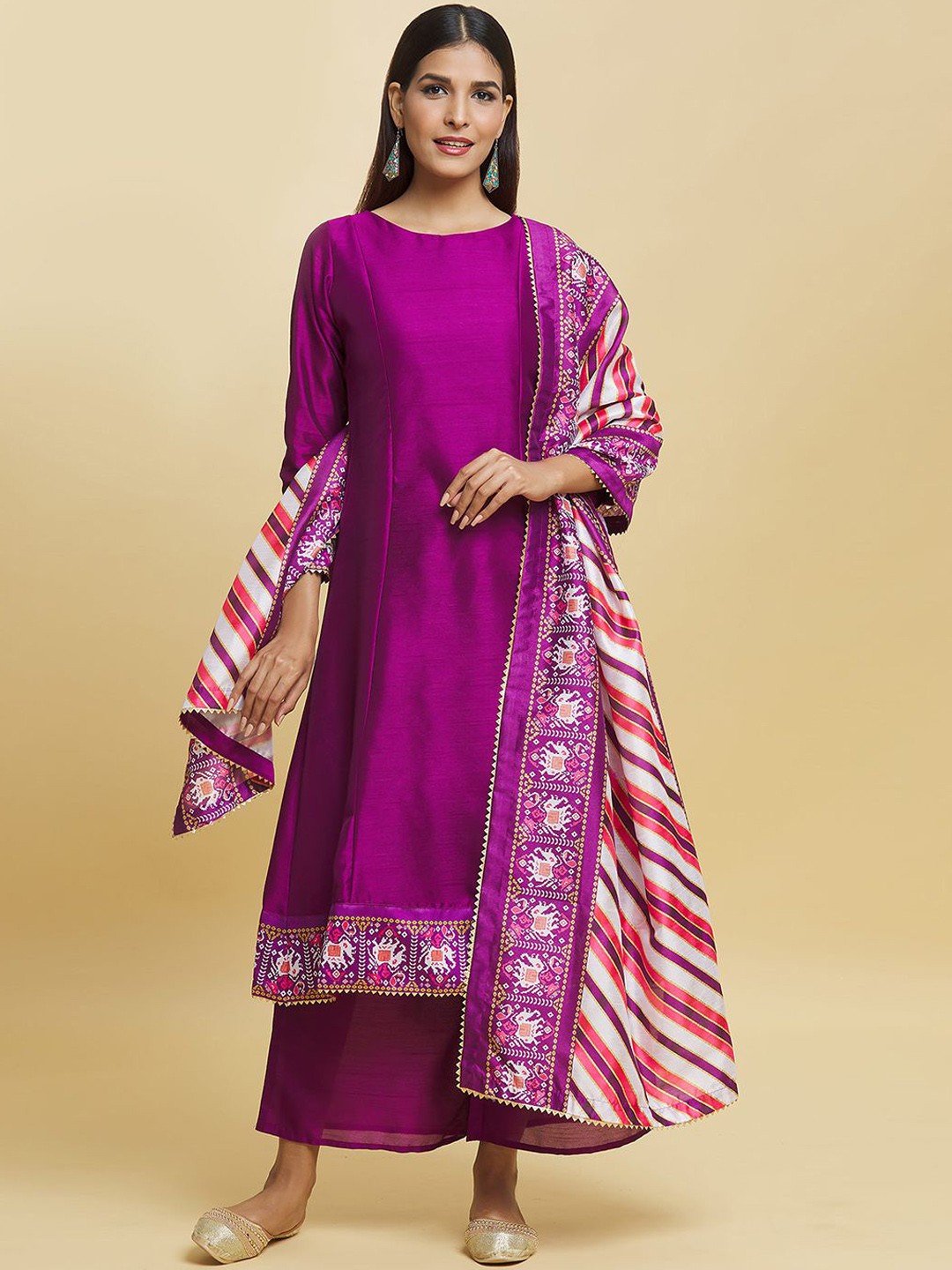 

Adara Khan Round Neck A-Line Kurta with Palazzos & With Dupatta, Pink