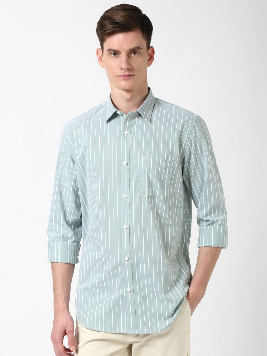 

Peter England Casuals Men Spread Collar Vertical Striped Cotton Casual Shirt, Green