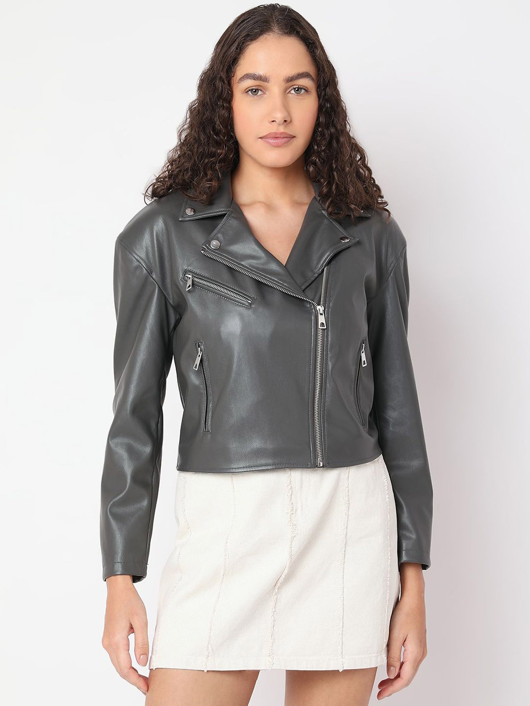 

Vero Moda Women Lapel Collar Solid Casual Biker Jacket, Grey