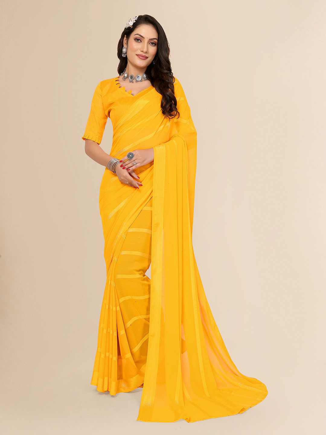 

Moda Rapido Striped Satin Saree, Yellow