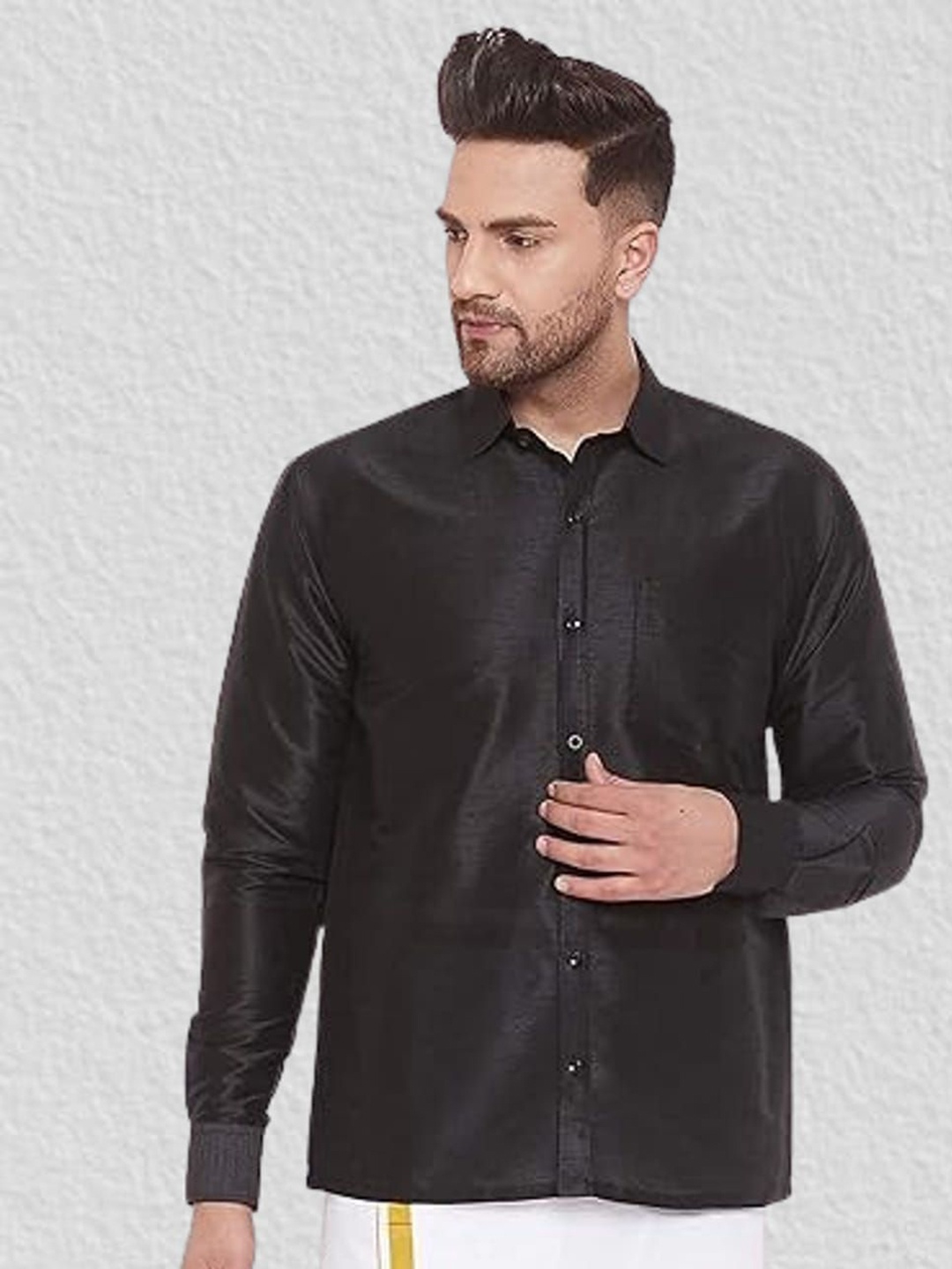

BANHUSSAIN Men Spread Collar Solid Silk Casual Shirt, Black