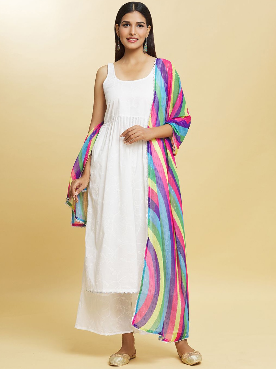 

Adara Khan Shoulder Straps Pure Cotton A-Line Kurta with Palazzos & Dupatta, White