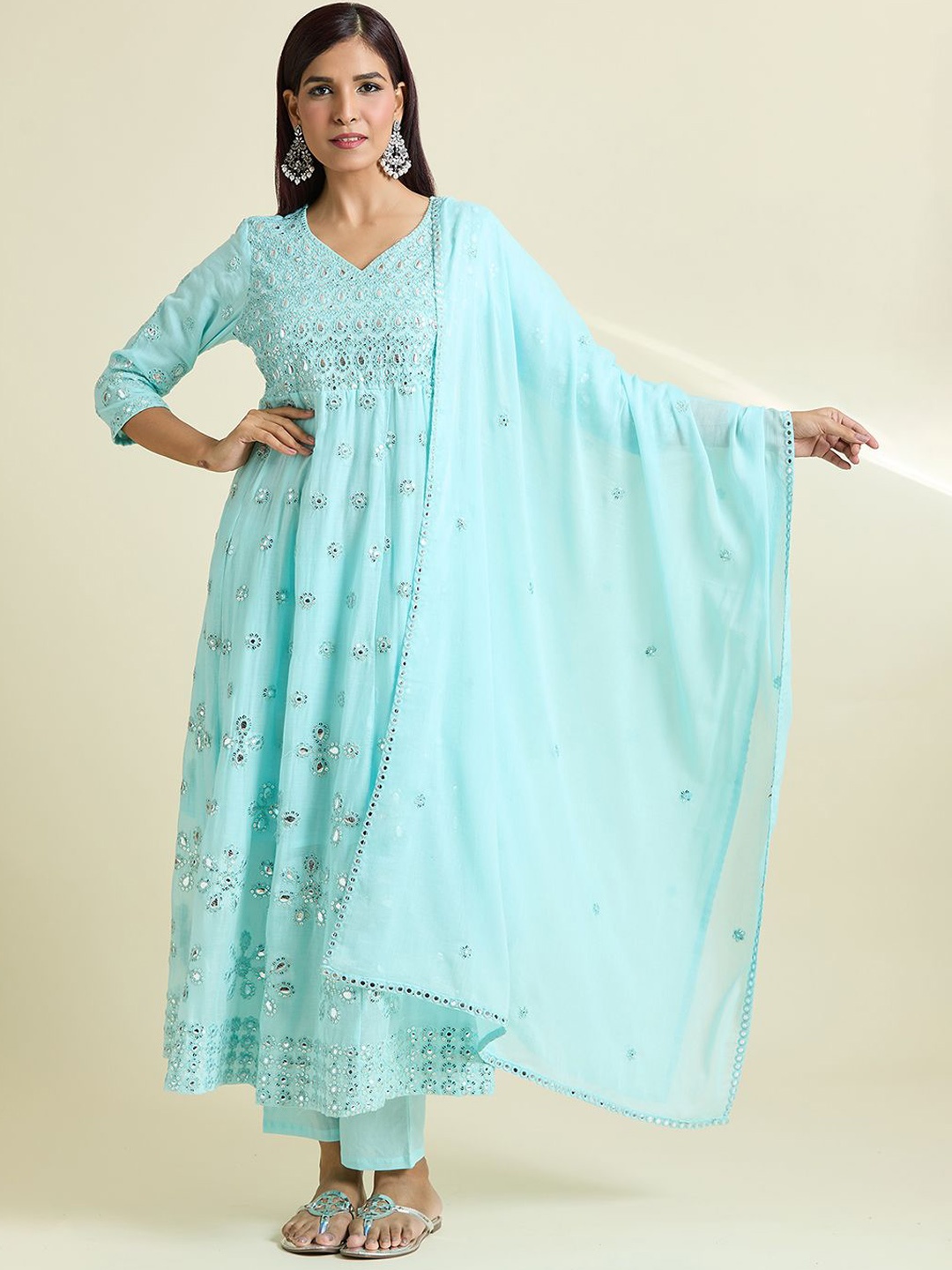 

Samyukta Singhania Embroidered Gotta Patti Pure Cotton Anarkali Kurta With Palazzos & Dupatta, Blue